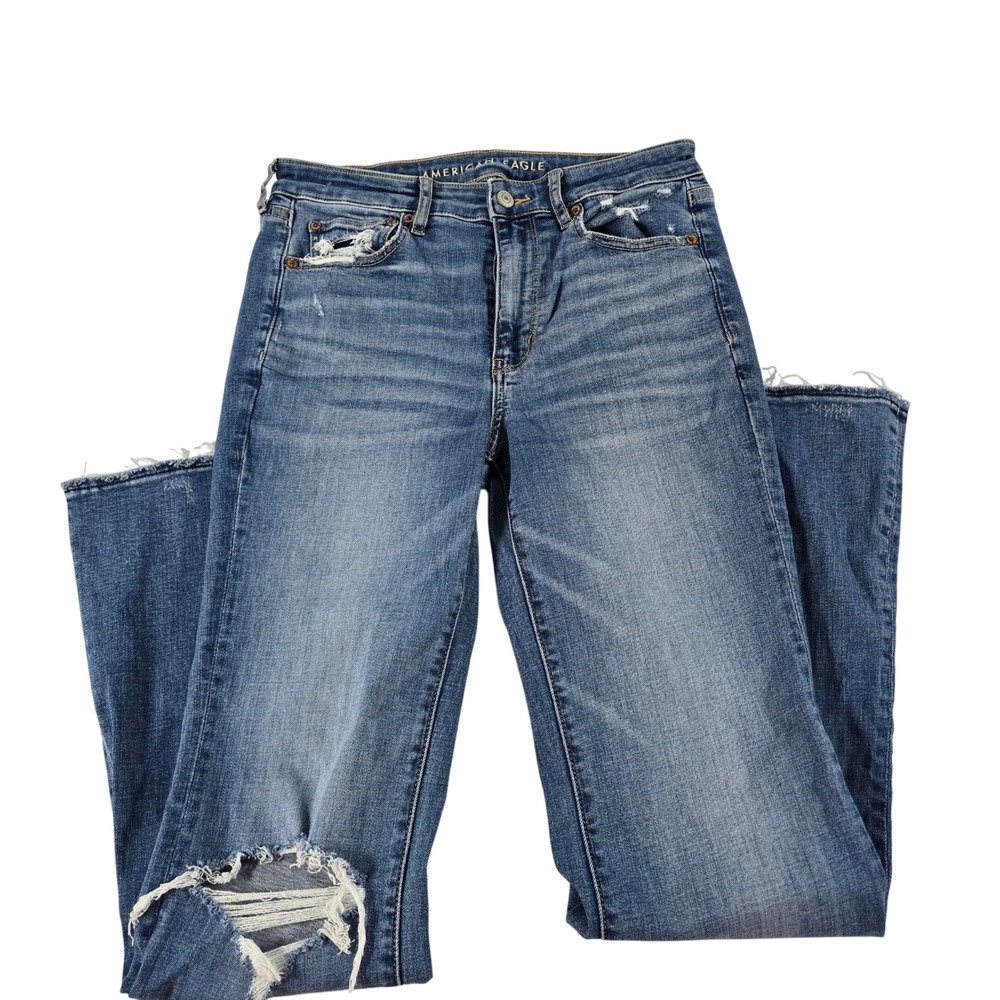 American Eagle Super Hi-Rise Flare Distressed Raw Hem Jeans Blue 6 Regular